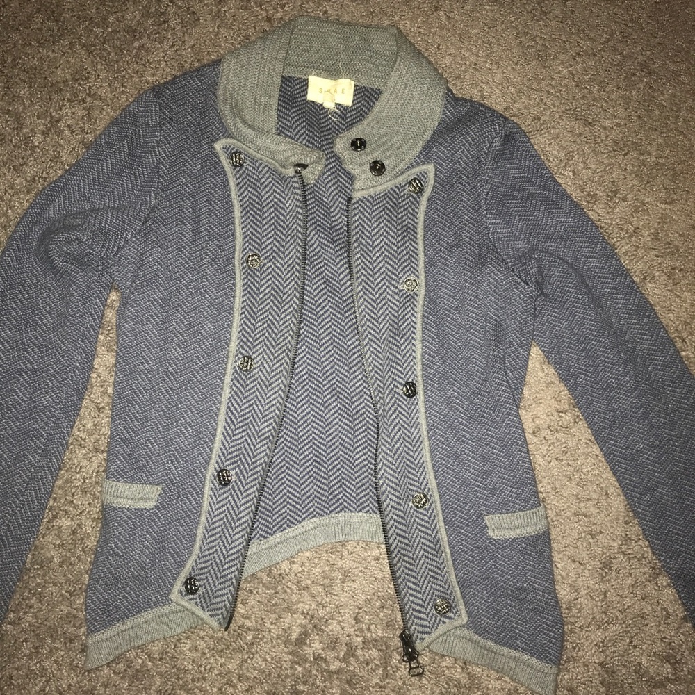 blue and grey cardigan
